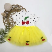 LitaeTrend 1-2-3 Yaş Payetli Kiraz Nakışlı Kiraz Etekli Kız Bebek Tütü Elbisesi Sarı thumbnail 1