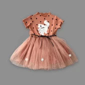 LitaeTrend 1-2-3 Yaş Payetli Kedicik Baskılı Puantiyeli Kız Bebek Elbisesi Kahverengi thumbnail 2