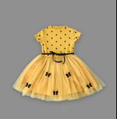 LitaeTrend 5-6-7 Yaş Puantiyeli Kelebek Etekli Astarlı Kız Çocuk Elbisesi Hardal thumbnail 2