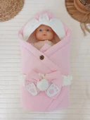 LitaeTrend Yenidoğan 4 Kat Müslin Kumaş Kulaklı Patili Fiyonk Bebek Battaniyesi Kundak Pembe thumbnail 2