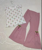 LitaeTrend 1-2-3-4 Yaş Kiraz Baskılı Tişört İspanyol Paçalı Likralı 2li Kız Çocuk Takımı Gül Kurusu thumbnail 1