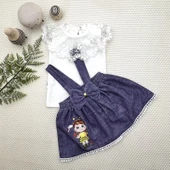 LitaeTrend 1-2-3 Yaş Bayan Arı Nakışlı Kot Desenli Etek Pamuklu Kumaş 2li Kız Bebek Salopet Takımı Lacivert thumbnail 1