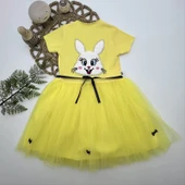 LitaeTrend 5-6-7 Yaş Payetli Tavşan Baskılı Kız Çocuk Elbisesi Sarı thumbnail 1