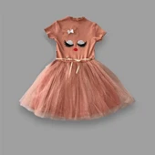 LitaeTrend 5-6-7 Yaş Payetli Süslü Yüz Baskılı Kız Çocuk Elbisesi Kahverengi thumbnail 2