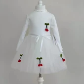 LitaeTrend 5-6-7 Yaş Kiraz Desenli Kurdela Kuşaklı Astarlı Uzun Kollu Kız Çocuk Tütü Elbise Beyaz thumbnail 1