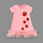 LitaeTrend 1-2-3 Yaş Payetli Çilekler Nakışlı Eteği Fırfırlı Jile Kız Çocuk Elbisesi Gül Kurusu thumbnail 2