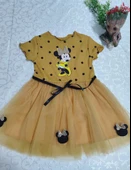 LitaeTrend 2-3-4 Yaş Puantiyeli Mickey Baskılı Kurdela Kuşaklı Astarlı Kız Bebek Tütü Elbisesi Hardal thumbnail 3