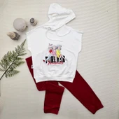 LitaeTrend 3-4-5 Yaş Forever Cici Kızlar Baskılı Kapşonlu 2li Kız Çocuk Takımı Kırmızı thumbnail 1