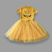 LitaeTrend 5-6-7 Yaş Payetli Süslü Yüz Baskılı Kız Çocuk Elbisesi Hardal thumbnail 2