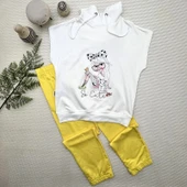 LitaeTrend 3-4-5 Yaş Kapşonlu Sevimli Kız Baskılı Kısa Kolu 2li Kız Erkek Çocuk Takımı Sarı thumbnail 1