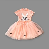 LitaeTrend 5-6-7 Yaş Payetli Tavşan Baskılı Kız Çocuk Elbisesi Pudra thumbnail 2