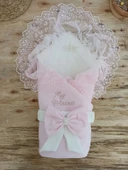 LitaeTrend Bal Peteği My Princess Taç Nakış İnci Fiyonklu Dantel Duvaklı Delüks Kundak Bebek Battaniyesi Pembe thumbnail 1