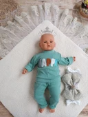 LitaeTrend Yenidoğan Kuzulu Taç Nakış Güpürlü Fiyonklu Duvaklı Prizma Taş Unisex Kundak Bebek Battaniyesi Ekru thumbnail 3