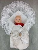 LitaeTrend Yenidoğan Saray Kadife Taç Nakışlı İnci Fiyonklu Çift Dantel Duvak Trilüks Kundak Bebek Battaniyesi Vizon-ekr thumbnail 2