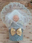 LitaeTrend Yenidoğan Kabartma Desenli Gold Fiyonklu Güpürlü Bebek Battaniyesi Kundak Gold thumbnail 2