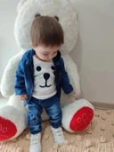 LitaeTrend 9-12-18-24 Ay Kot Kumaş Kapşonlu Uzun Kol Sweatli Kot Kumaş 3lü Erkek Bebek Takımı Mavi thumbnail 5