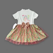 LitaeTrend 1-2-3 Yaş Denizkızı Baskılı Pul Desen Etekli Kız Bebek Elbisesi Ekru thumbnail 2