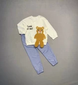 LitaeTrend 2-3-4 Yaş Ayıcık Sallanan Ayak Desenli Likra Penye Kumaş Sweat Pantolonlu Kız Erkek 2li Çocuk Takımı Ekru thumbnail 2