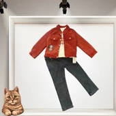 LitaeTrend 3-4-5 Yaş Fitilli Kadife Ceket Kot Pantolonlu 3lü Kız Erkek Çocuk Takımı Kiremit thumbnail 1