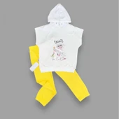 LitaeTrend 3-4-5 Yaş Kapşonlu Sevimli Kız Baskılı Kısa Kolu 2li Kız Erkek Çocuk Takımı Sarı thumbnail 2