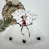 LitaeTrend 2-3-4 Yaş Puantiyeli Mickey Baskılı Kurdela Kuşaklı Astarlı Kız Bebek Tütü Elbisesi Beyaz thumbnail 1