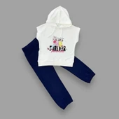 LitaeTrend 3-4-5 Yaş Forever Cici Kızlar Baskılı Kapşonlu 2li Kız Çocuk Takımı Lacivert thumbnail 2