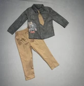 LitaeTrend 3-4-5 Yaş Kravatlı Keten Gömlek Gabardin Pantolon Uzun Kollu 3lü Erkek Çocuk Takımı Kahverengi thumbnail 1