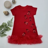 LitaeTrend 1-2-3 Yaş Uğur Böceği Nakışlı Fırfır Uçlu Kız Çocuk Jile Elbisesi Kırmızı thumbnail 1
