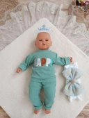 LitaeTrend Yenidoğan Kuzulu Taç Nakış Güpürlü Fiyonklu Duvaklı Prizma Taş Unisex Kundak Bebek Battaniyesi Mavi thumbnail 3