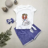 LitaeTrend 1-2-3 Yaş Bisikletli Kız Baskılı Bandanalı Kot Desenli Şort Kısa Kollu Tişört 3lü Kız Bebek Takımı Mavi thumbnail 1