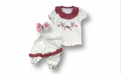 LitaeTrend 6-9 9-12 12-18 Ay Çiçek Nakışlı Roman Şalvar Bandanalı Kısa Kollu Sweat 3lü Kız Bebek Takımı Nar Çiçeği thumbnail 1