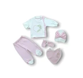 LitaeTrend Baharın Çiçekli Kalbi Nakışlı  5li Zıbın Takımı Hastane Çıkışı Pembe thumbnail 1