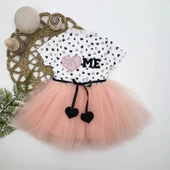 LitaeTrend 1-2-3 Yaş Payetli Kalp Me Baskılı Kız Bebek Elbisesi Pudra thumbnail 1