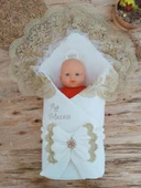 LitaeTrend Yenidoğan Pamuk Taç Benim Prensesim Nakışlı Trilüks Kundak Bebek Battaniyesi Ekru thumbnail 2