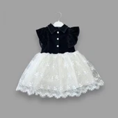 LitaeTrend 2-3-4 Yaş Astarlı Brode Etekli Kot Kumaş Düğmeli Kız Çocuk Elbisesi Siyah thumbnail 1