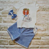 LitaeTrend 1-2-3 Yaş Bisikletli Kız Baskılı Bandanalı Kot Desenli Şort Kısa Kollu Tişört 3lü Kız Bebek Takımı Mavi thumbnail 2