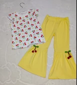 LitaeTrend 1-2-3-4 Yaş Kiraz Baskılı Tişört İspanyol Paçalı Likralı 2li Kız Çocuk Takımı Sarı thumbnail 1
