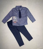 LitaeTrend 3-4-5 Yaş Kravatlı Keten Gömlek Gabardin Pantolon Uzun Kollu 3lü Erkek Çocuk Takımı Lacivert thumbnail 1