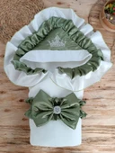 LitaeTrend Yenidoğan Mehtap Lüks Kelebek Taç Nakışlı Bebek Battaniyesi Kundak Yeşil thumbnail 1
