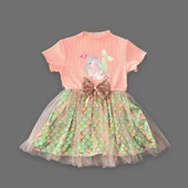 LitaeTrend 1-2-3 Yaş Denizkızı Baskılı Pul Desen Etekli Kız Bebek Elbisesi Pudra thumbnail 2