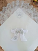 LitaeTrend Yenidoğan Titi Taç Nakışlı Plazma Taşlı Güpürlü Çift Fiyonk Duvaklı Trilüks Kundak Bebek Battaniyesi Gümüş thumbnail 3