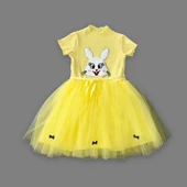 LitaeTrend 5-6-7 Yaş Payetli Tavşan Baskılı Kız Çocuk Elbisesi Sarı thumbnail 2