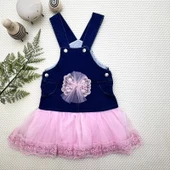 LitaeTrend 2-3-4 Yaş Fiyonklu Düğme Detaylı Tül Etek Kot Kumaş Salopet Kız Çocuk Elbisesi Lacivert-pembe thumbnail 1