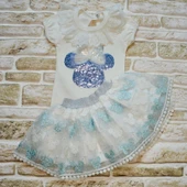 LitaeTrend 1-2-3 Yaş Payetli Mickey Nakışlı Kısa Kollu Brode Etekli 2li Kız Bebek Takımı Turkuaz thumbnail 2