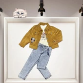 LitaeTrend 3-4-5 Yaş Fitilli Kadife Ceket Kot Pantolonlu 3lü Kız Erkek Çocuk Takımı Hardal thumbnail 2