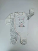 LitaeTrend 0-3 3-6 Ay Minik Tavşan Nakışlı Boydan Çıtçıt Kapamalı Kız Erkek Bebek Tulumu Ekru thumbnail 2