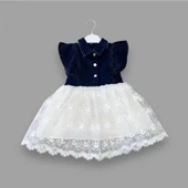 LitaeTrend 2-3-4 Yaş Astarlı Brode Etekli Kot Kumaş Düğmeli Kız Çocuk Elbisesi Lacivert thumbnail 1