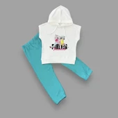 LitaeTrend 3-4-5 Yaş Forever Cici Kızlar Baskılı Kapşonlu 2li Kız Çocuk Takımı Turkuaz thumbnail 2