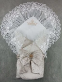 LitaeTrend Yenidoğan Saray Kadife Taç Nakışlı İnci Fiyonklu Çift Dantel Duvak Trilüks Kundak Bebek Battaniyesi Vizon-ekr thumbnail 1