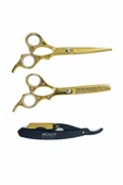 Point Profesyonel Çantalı 3'lü 6 İnç Düz Makas Ara Makas Ustura Seti Gold Altın thumbnail 2